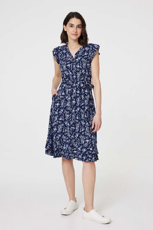 Ditsy Floral Tie-Waist Knee Length Dress