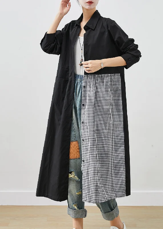 Art Black Asymmetrical Patchwork Plaid Cotton Dresses Fall