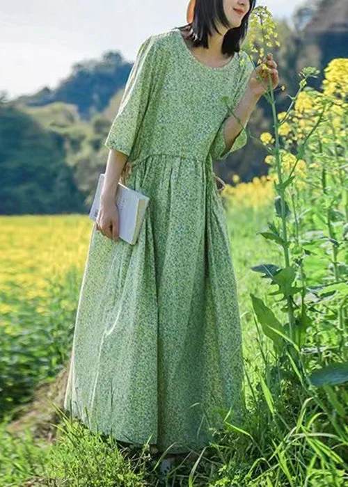 Beautiful Green O Neck Print Lace Up Cotton Dresses Half Sleeve