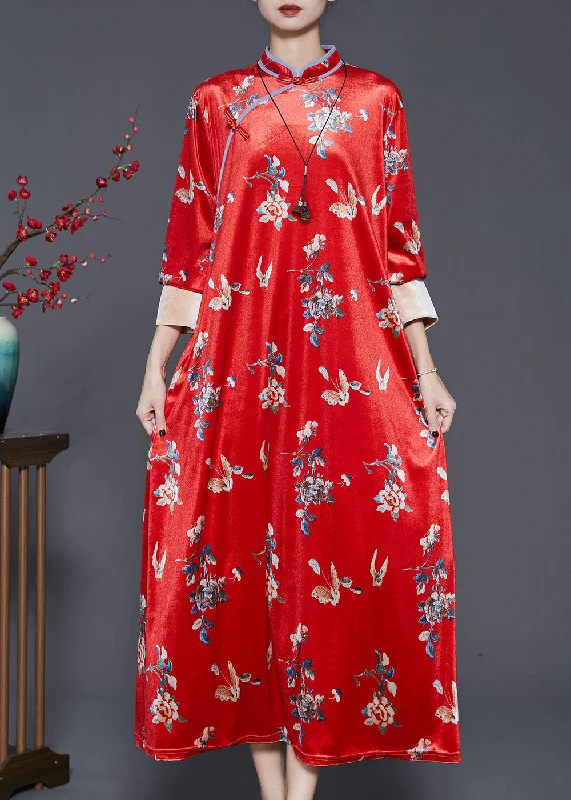 Beautiful Mulberry Print Silk Velvet Chinese Style Dresses Spring