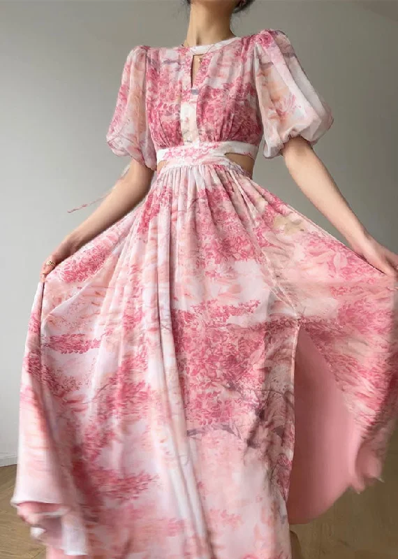 Beautiful Pink O Neck Print Side Open Silk Long Dresses Summer