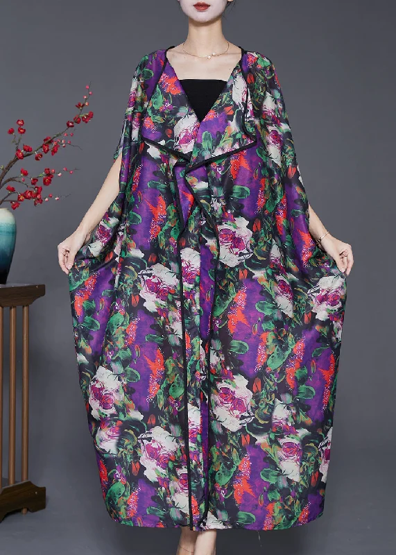 Beautiful Purple Oversized Print Chiffon Long Dresses Batwing Sleeve