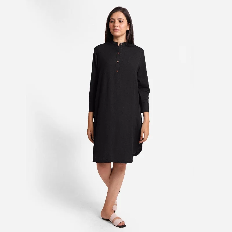 Black Cotton Flax Knee Length Shirt Dress