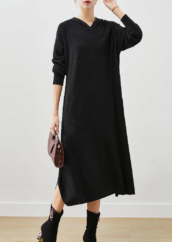 Black Loose Knit Vacation Dresses Hooded Pockets Spring