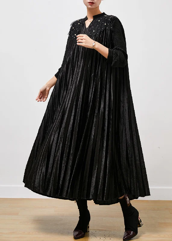 Black Silk Velour Holiday Pleated Dresses Oversized Nail Bead Spring