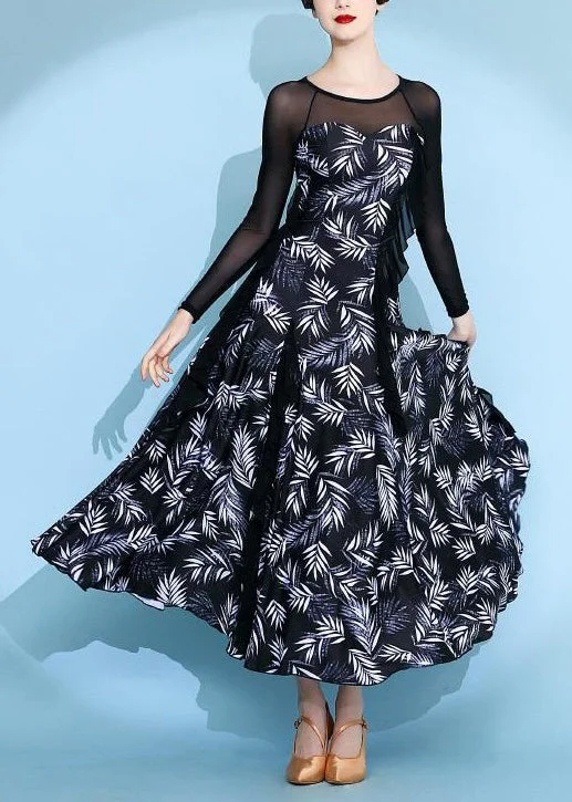 Black Tulle Patchwork Chiffon Long Dresses O Neck Long Sleeve