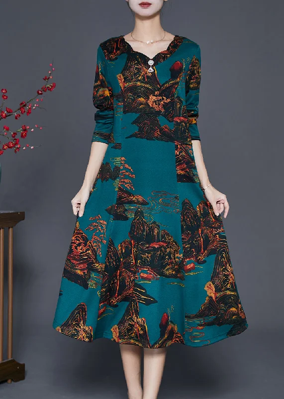 Blackish Green Print Silm Fit Cotton A Line Dresses Fall