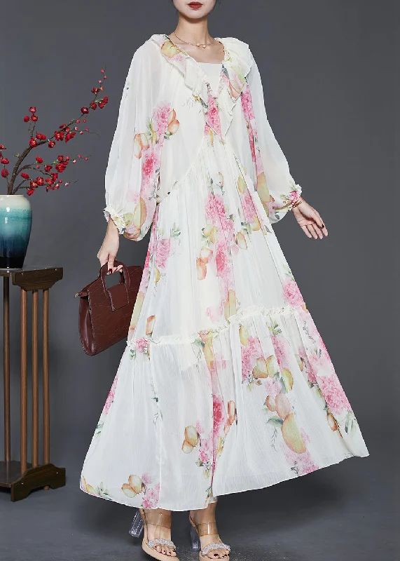 Bohemian Apricot Ruffled Print Chiffon Long Dresses Spring