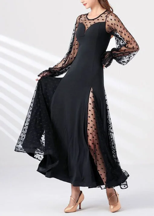 Chic Black Dot Tulle Patchwork Maxi Dresses Spring