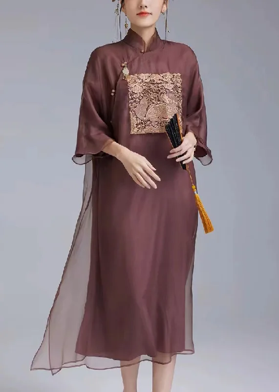 Chinese Style Dark Purple Embroidered Button Silk Dresses Spring