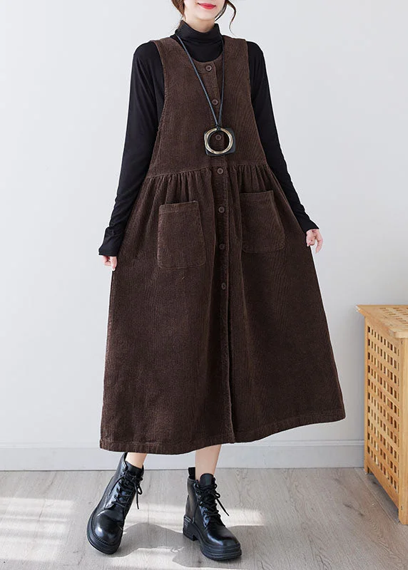 Coffee Wrinkled Button Corduroy Long Dresses Sleeveless