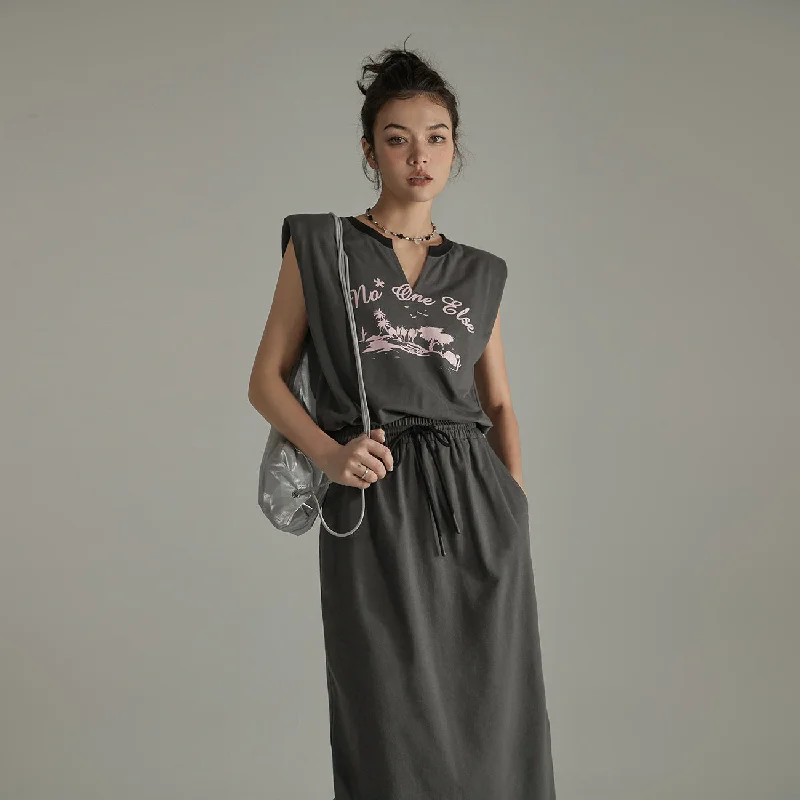 Printed Elastic Waist Drawstring Mid-Length Sleeveless Dress