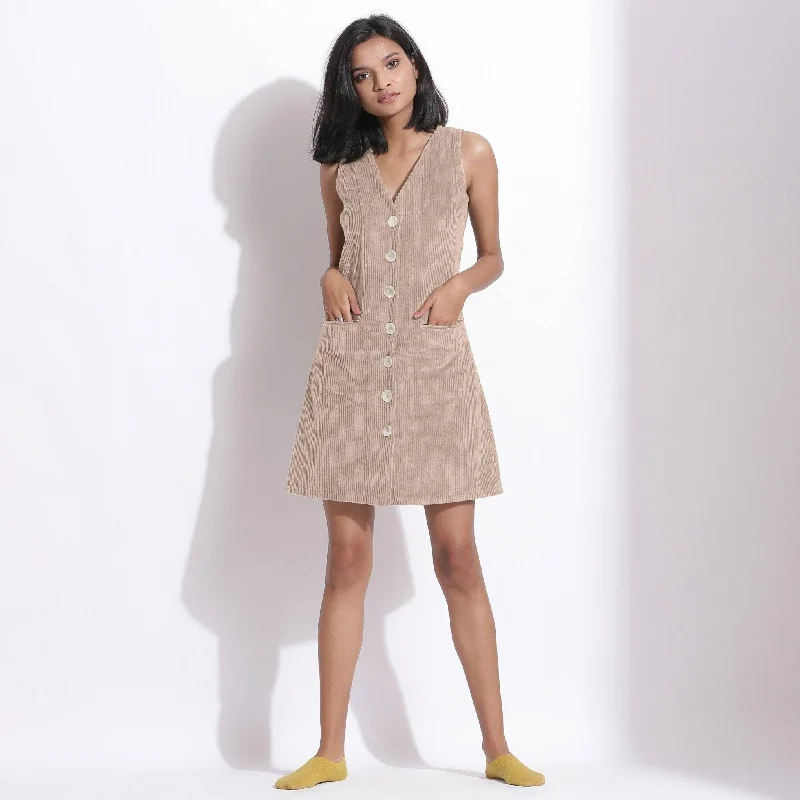 Dusk Beige Warm Cotton Corduroy Button-Down Short Dress