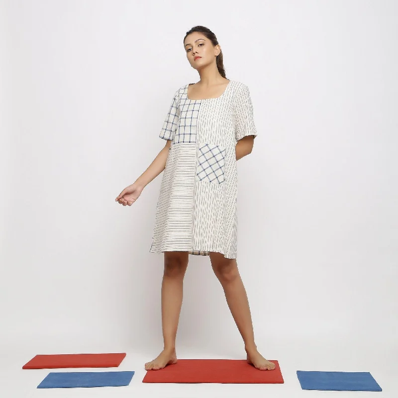 Ecru and Blue Vegetable Dyed Cotton Paneled Short Dress