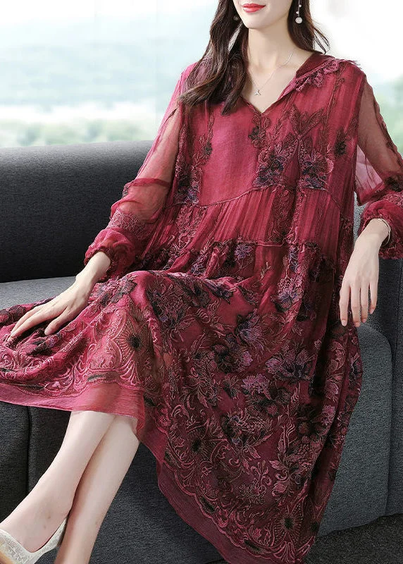 French Mulberry Hooded Embroideried Patchwork Silk Long Dresses Spring