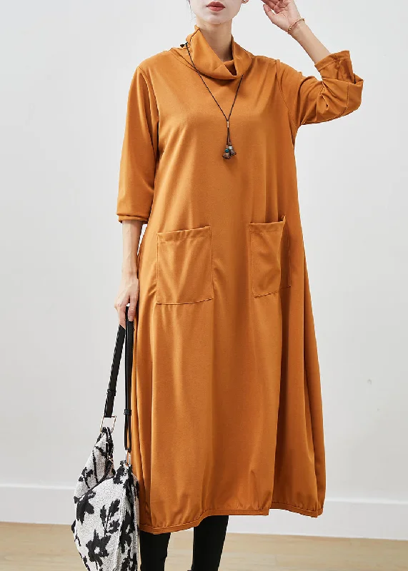 French Orange Turtle Neck Warm Fleece Robe Dresses Fall