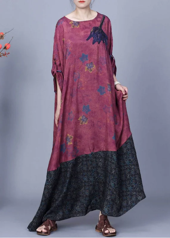 French Purple Red Print Pockets Patchwork Cotton Long Dresses Spring