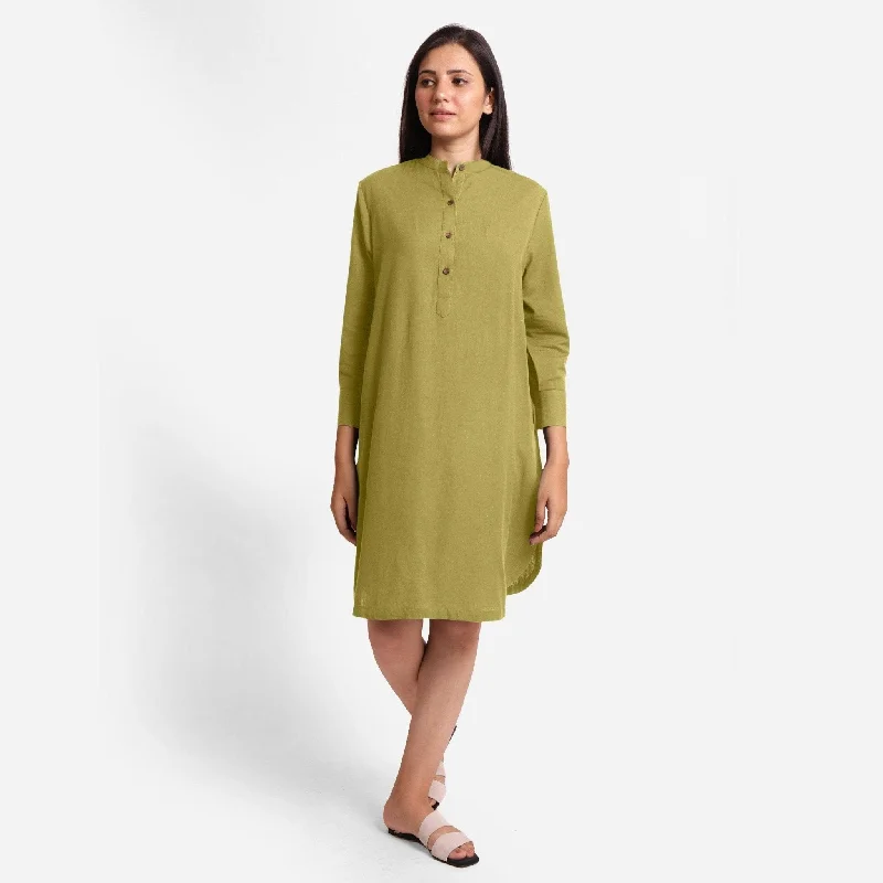 Green Cotton Flax Knee Length Shirt Dress