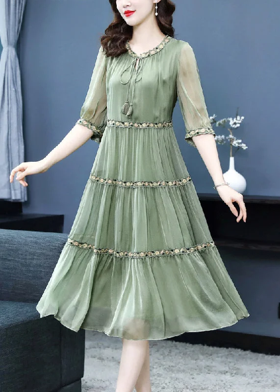 Green Neck Tie Silk Long Dresses Half Sleeve