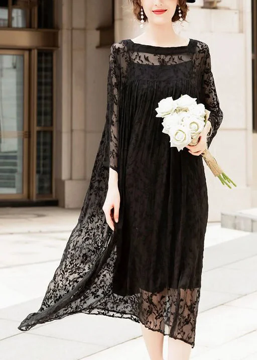 Handmade Black Square Collar Embroidered Silk A Line Dresses