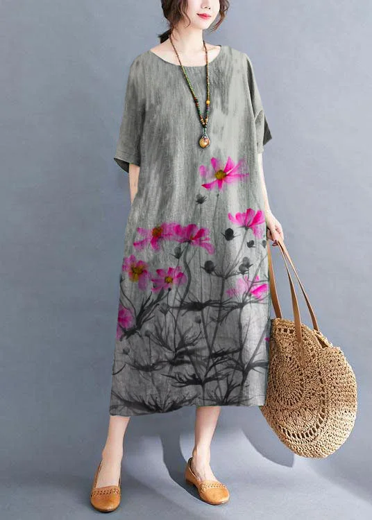 Handmade gray ink painting O-Neck Patchwork Summer Vacation Dresses Half Sleeve