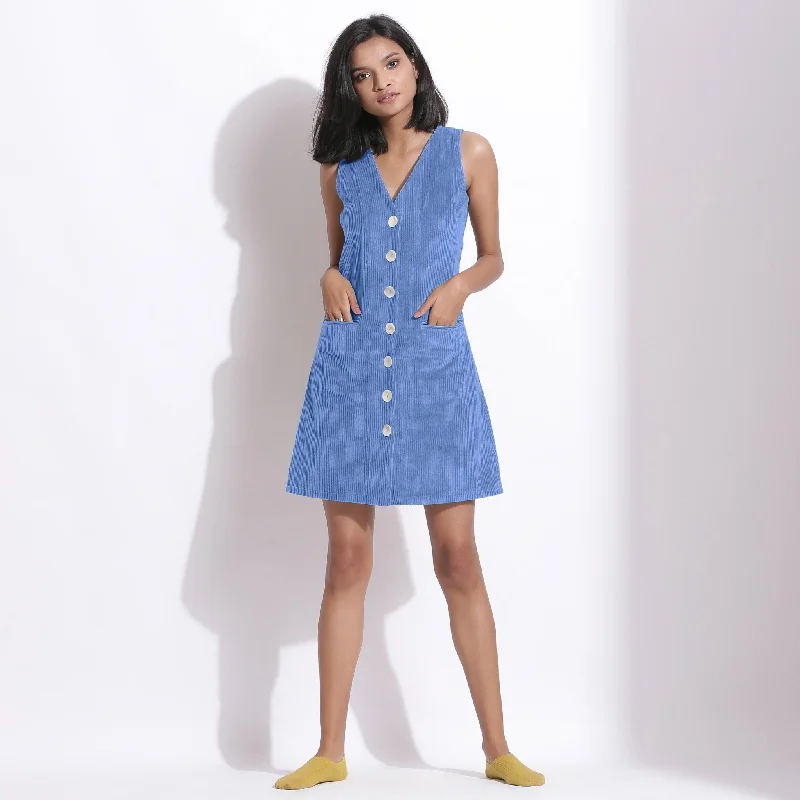 Ice Blue Warm Cotton Corduroy Button-Down Short Dress