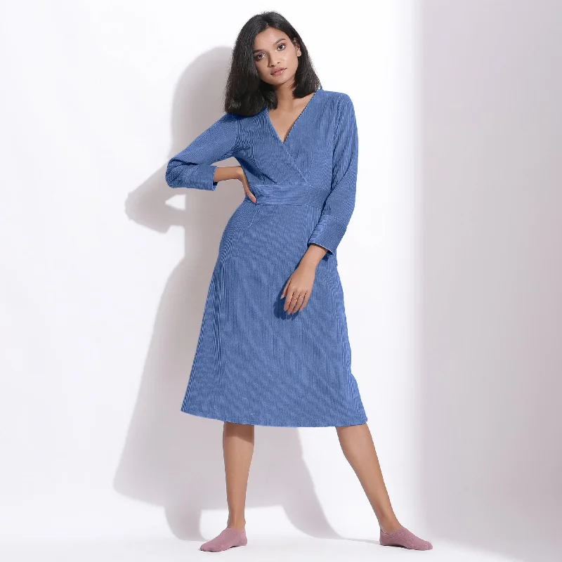 Ice Blue Warm Cotton Corduroy Knee Length Dress