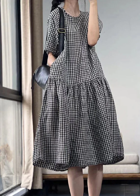 Italian Black Plaid O Neck Pockets Cotton Dresses Summer