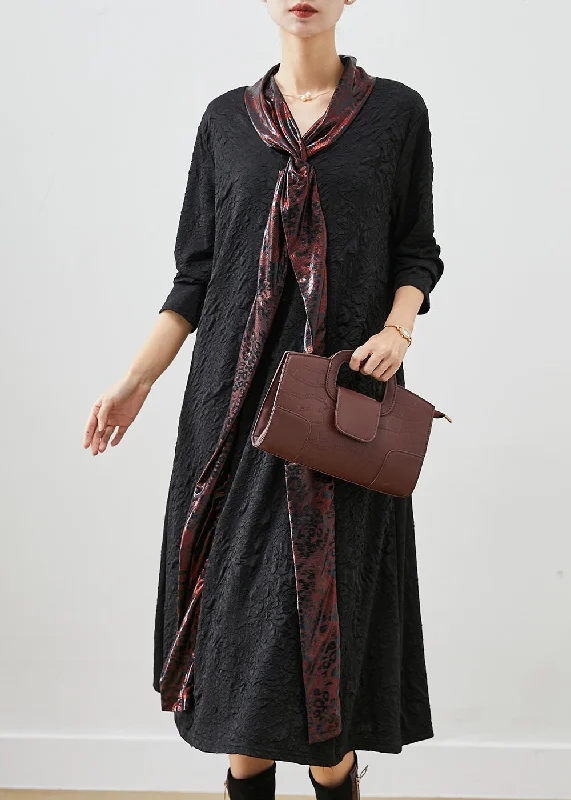 Italian Black Shawl Collar Wrinkled Cotton Dresses Fall