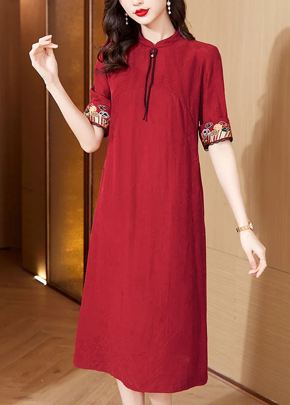 Italian Red Stand Collar Embroideried Maxi Dresses Short Sleeve