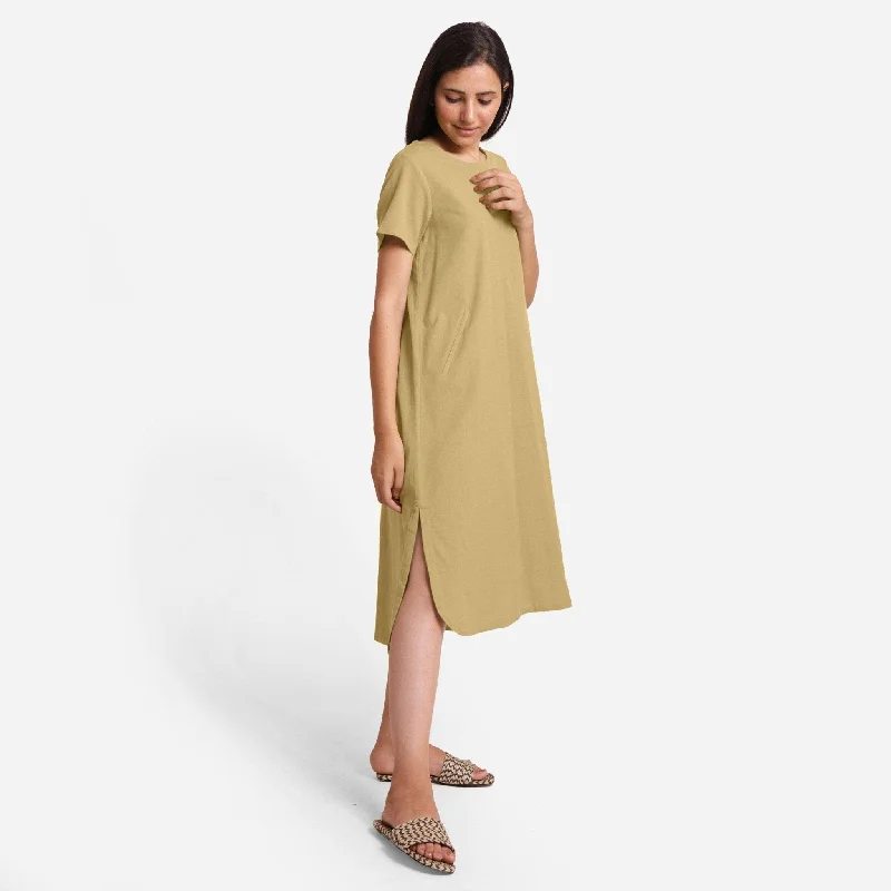 Light Khaki Cotton Flax High-Low Midi Shift Dress