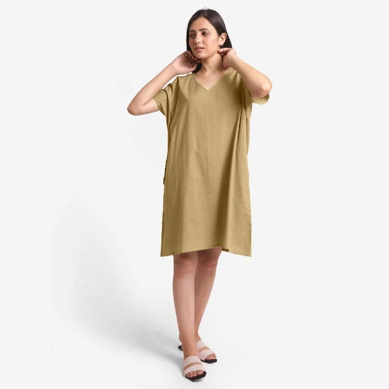 Light Khaki Cotton Flax V-Neck Short Shift Tunic