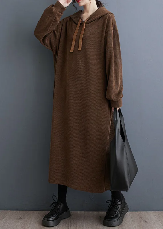 Loose Coffee Pockets Hooded Maxi Dresses Fall