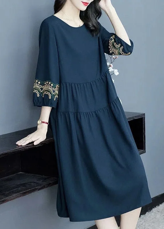 Loose Navy O-Neck Embroidered Cotton Dresses Bracelet Sleeve