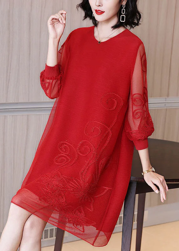 Loose Red Embroideried Nail Bead Tulle Maxi Dresses Fall