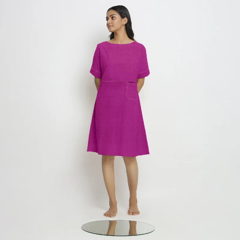 Magenta Linen Knee Length Shift Yoked Dress