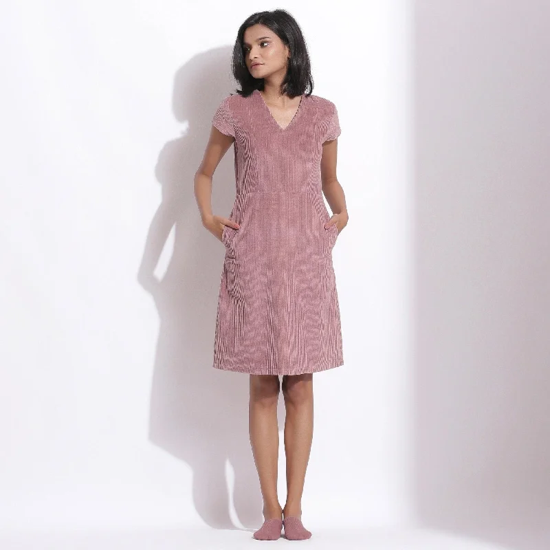 Mauve Warm Cotton Corduroy Knee Length Dress