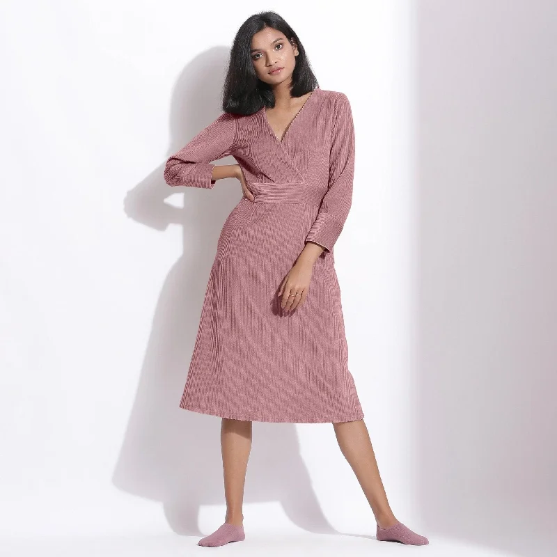 Mauve Warm Cotton Corduroy Knee Length Surplice Dress