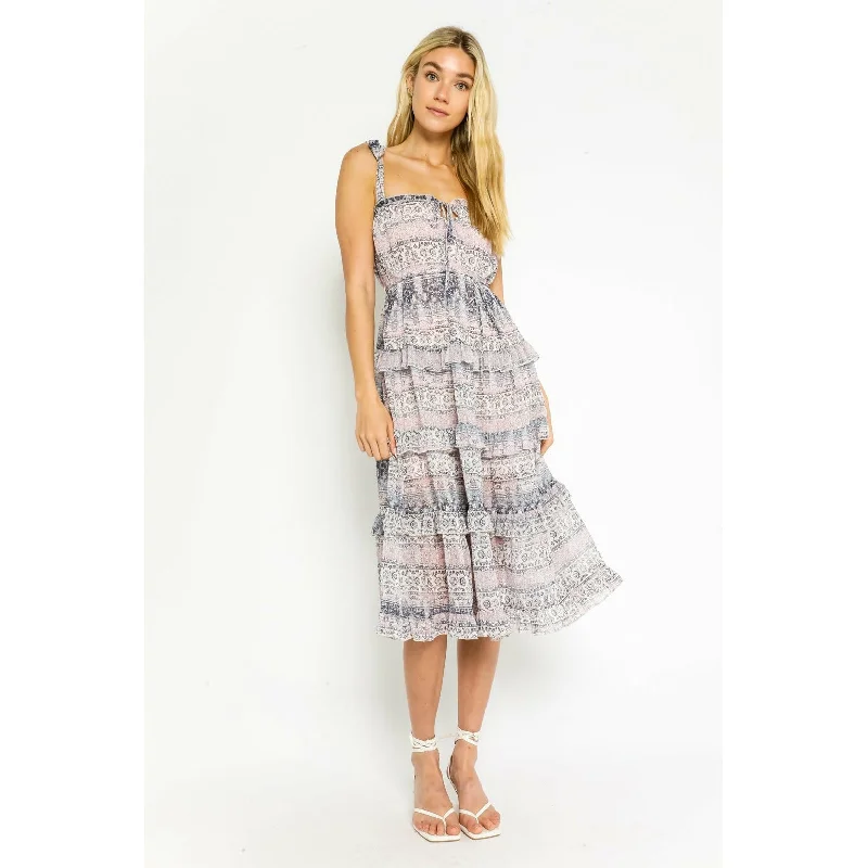 Midi Print Tie Neck Dress