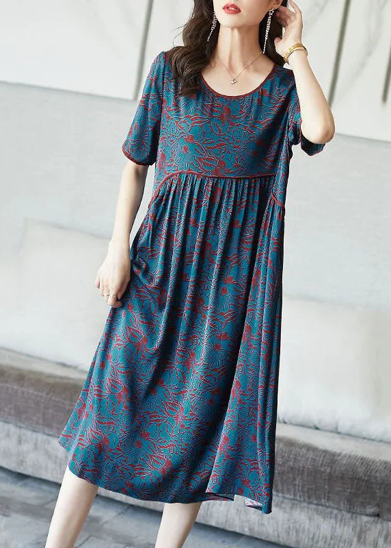 Modern Blue O Neck Wrinkled Patchwork Print Silk Dresses Summer