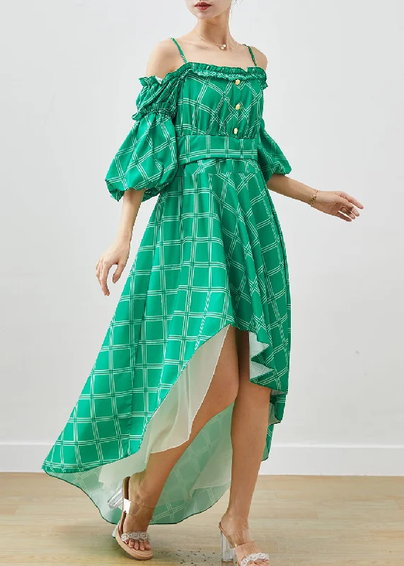 Modern Green Ruffled Cold Shoulder Cotton Beach Dresses Summer