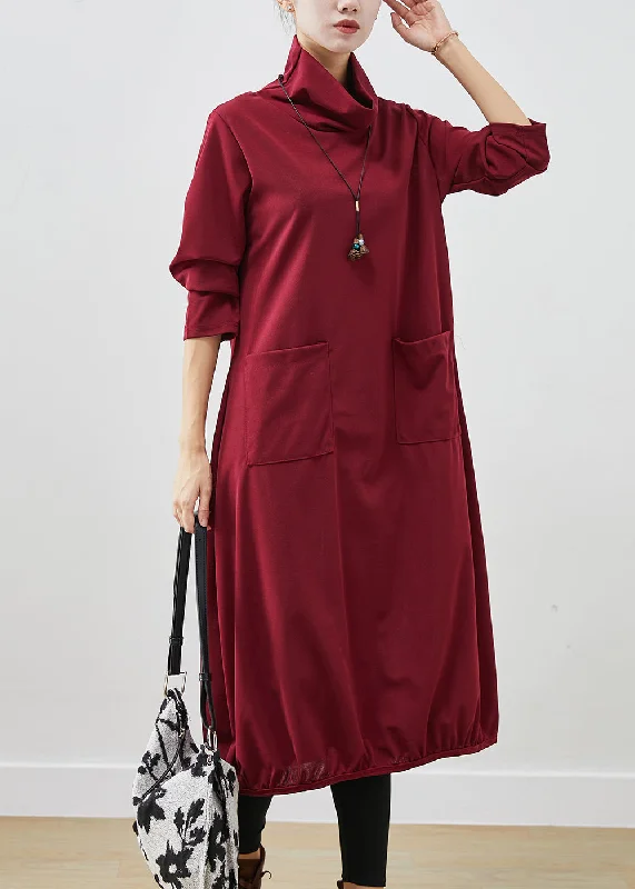 Mulberry Warm Fleece Maxi Dresses Turtle Neck Pockets Fall