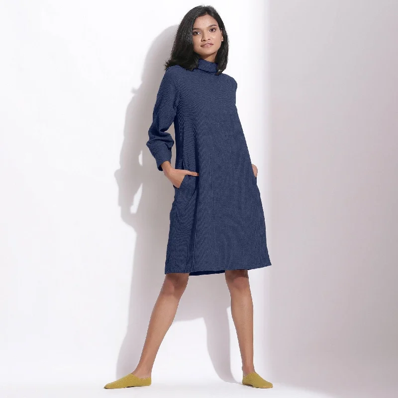 Navy Blue Warm Cotton Waffle Knee Length Shift Dress