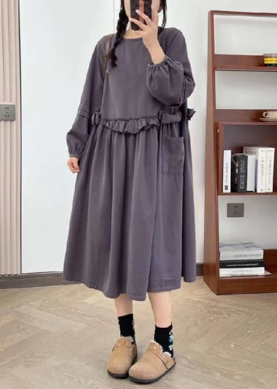 New Purple Ruffled Pockets Cotton Long Dresses Spring