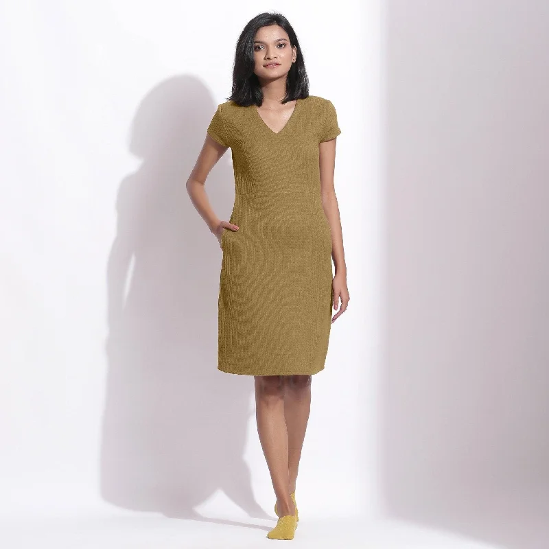 Olive Green Warm Cotton Waffle Knee Length Paneled Dress