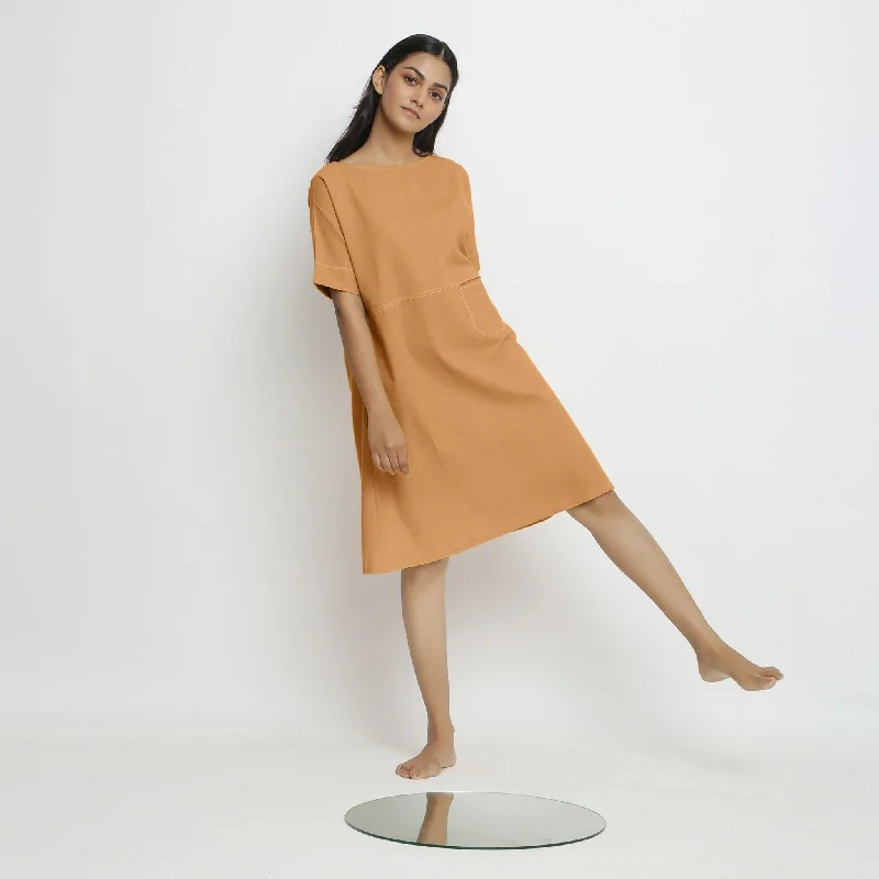 Orange Handspun Cotton Knee Length Yoked Dress