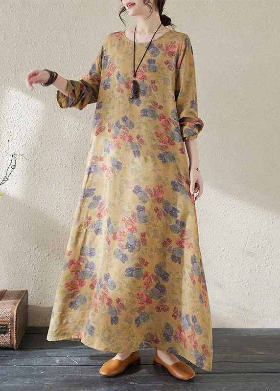 Organic Yellow Print Cozy Long Dresses Spring