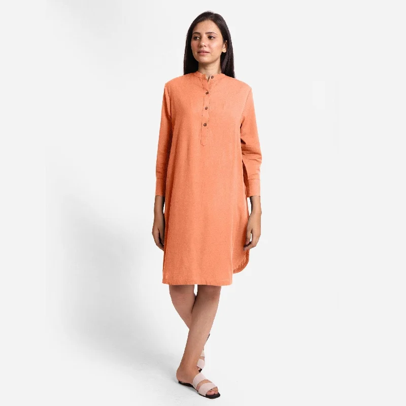 Peach Cotton Flax Knee Length Shirt Dress