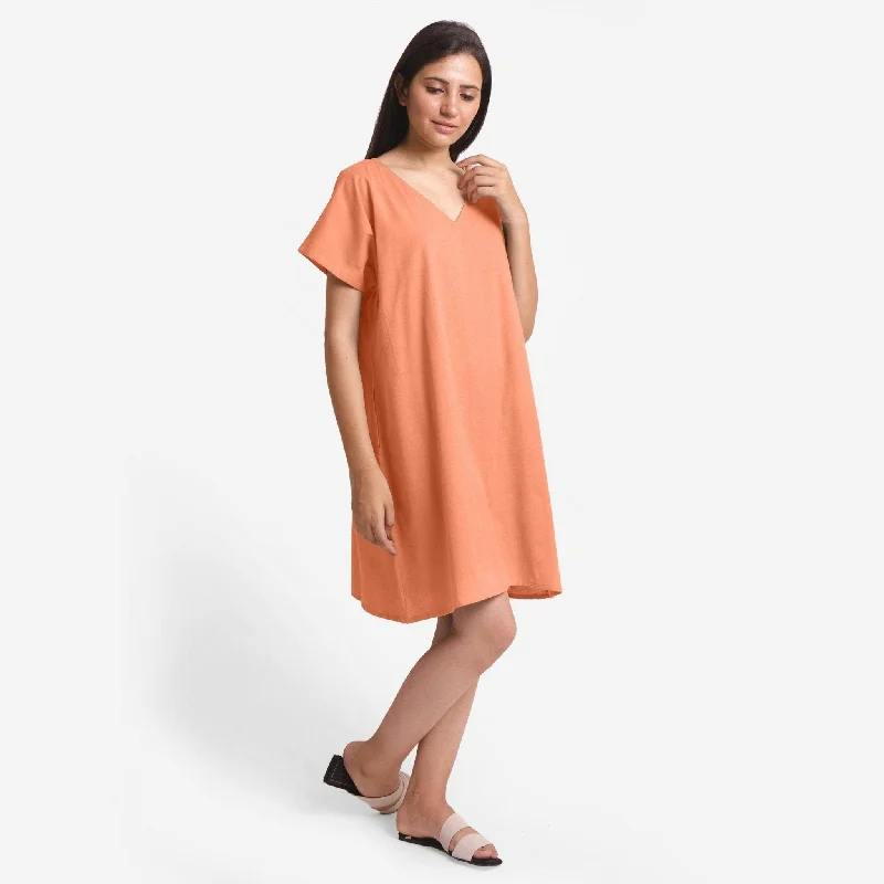 Peach Cotton Flax V-Neck Short Shift Tunic