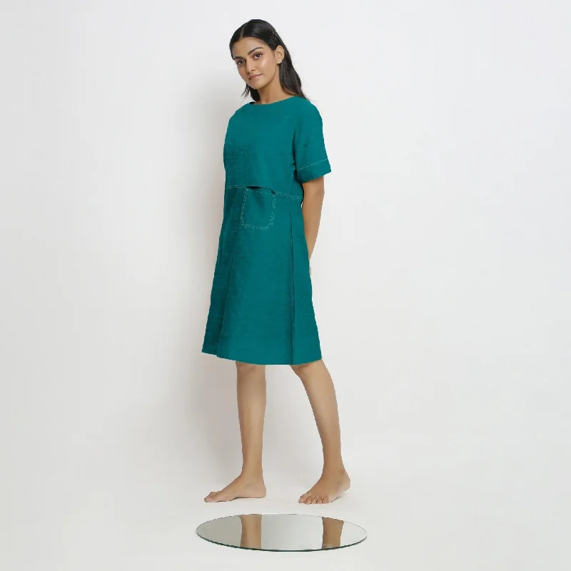 Pine Green 100% Linen Knee Length Yoked Dress